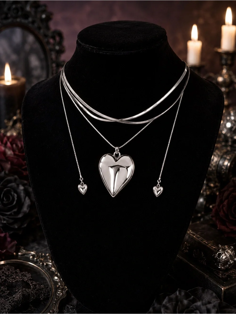 Silver Heart Layered Necklace - Women Jewelry festival y2k goth